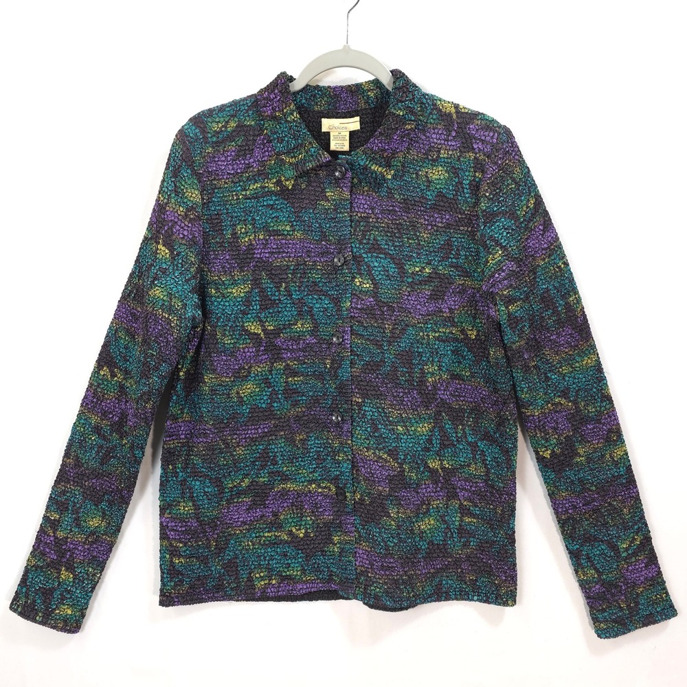 Choices Purple Teal Popcorn Jacket Crinkle Texture Women M Art To Wear Travel
